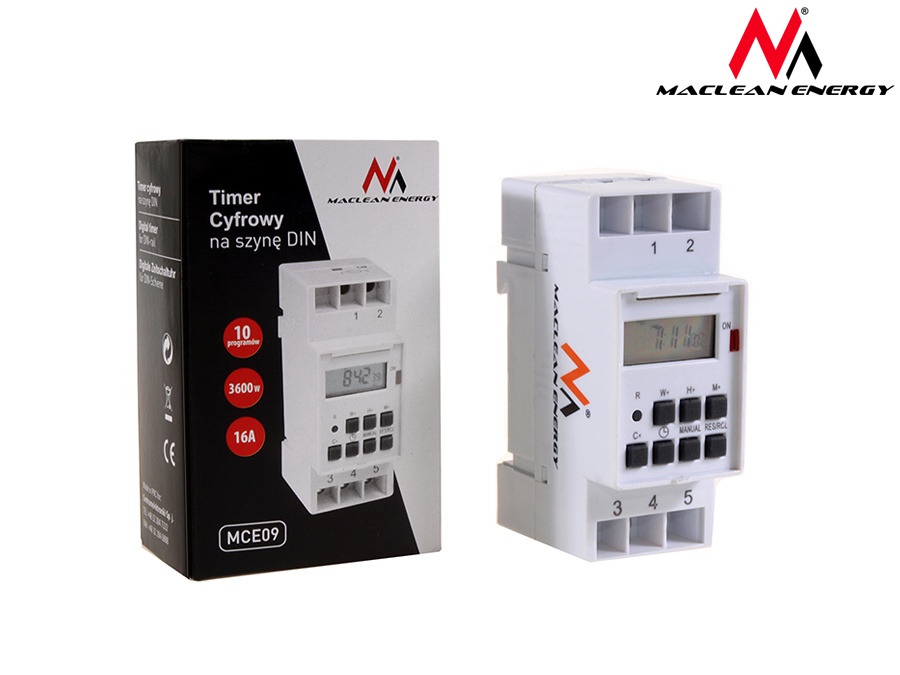 PROGRAMATOR CZASOWY TIMER NA SZYNĘ DIN TYGODNIOWY 16A 3600W Maclean MCE09 Kod producenta 28354