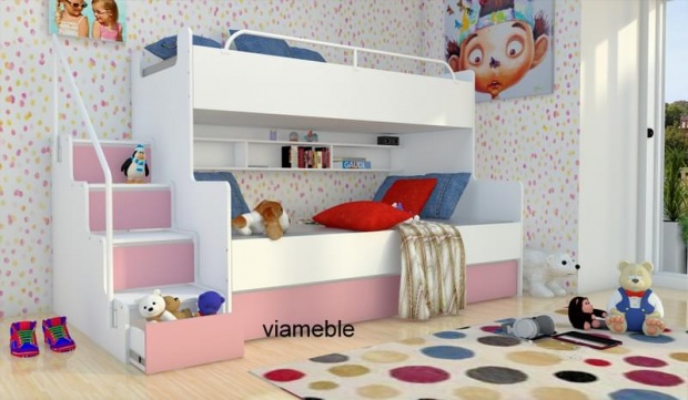 TURKUSOWE DUŻE ŁÓŻKO JIM 3 PIĘTROWE Z SZUFLADAMI Szerokość mebla 243 cm