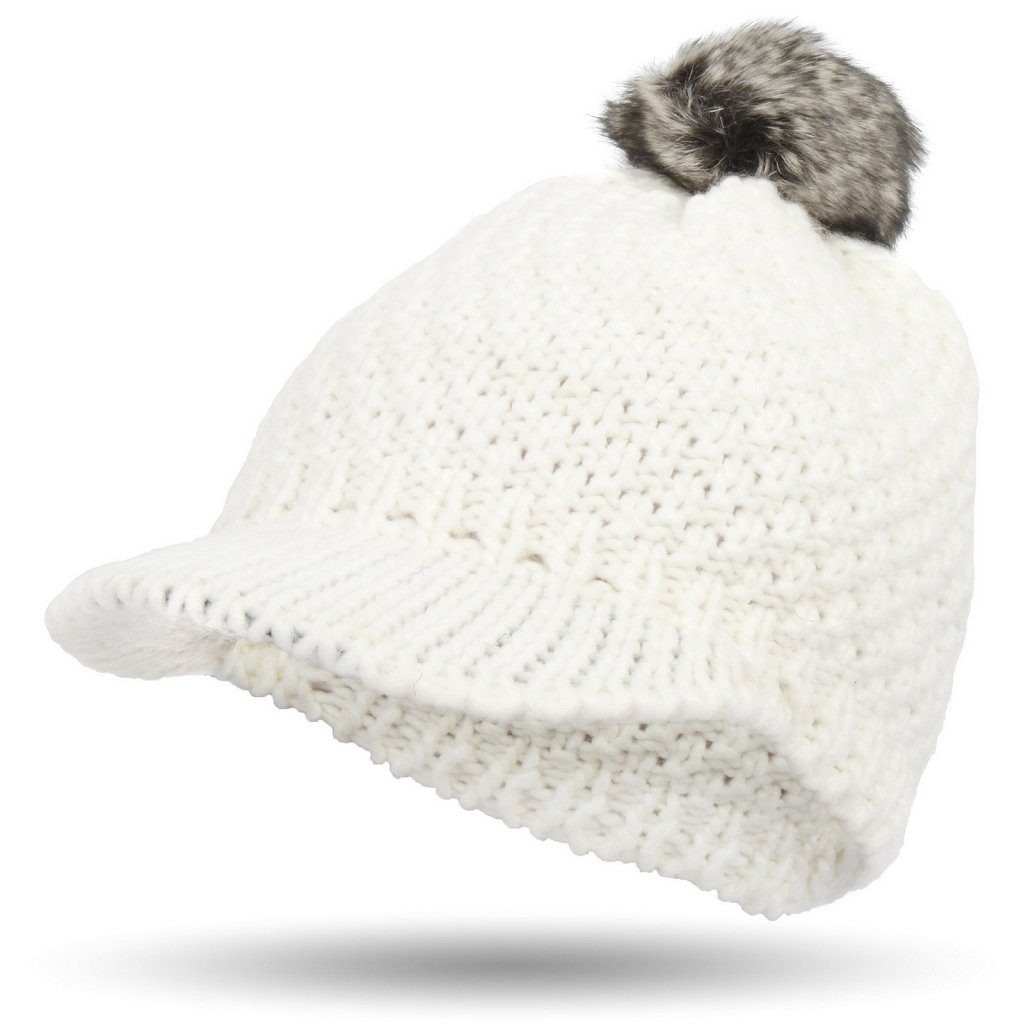 

W325A Damska Zimowa Czapka Z Daszkiem Pomponem Bia