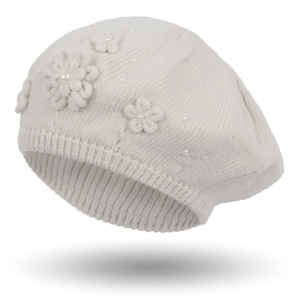 

W338A Damski Modny Beret Z Kwiatuszkami Kremowa