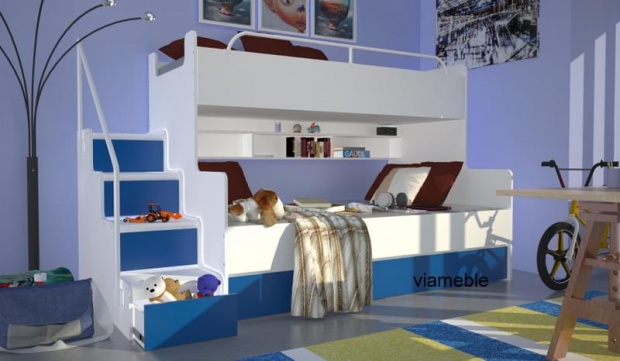 ŁÓŻKO PIĘTROWE DLA DZIECI 3 OSOBOWE JIM ZE SCHODAMI DLA DZIEWCZYNEK Długość mebla 243 cm