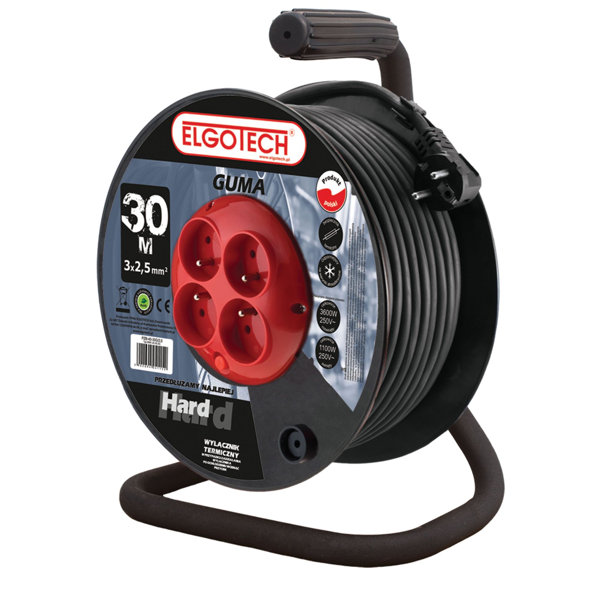Przedłużacz bębnowy Hard 4 gniazda z/u 30m H05RR-F 3x25 czarny