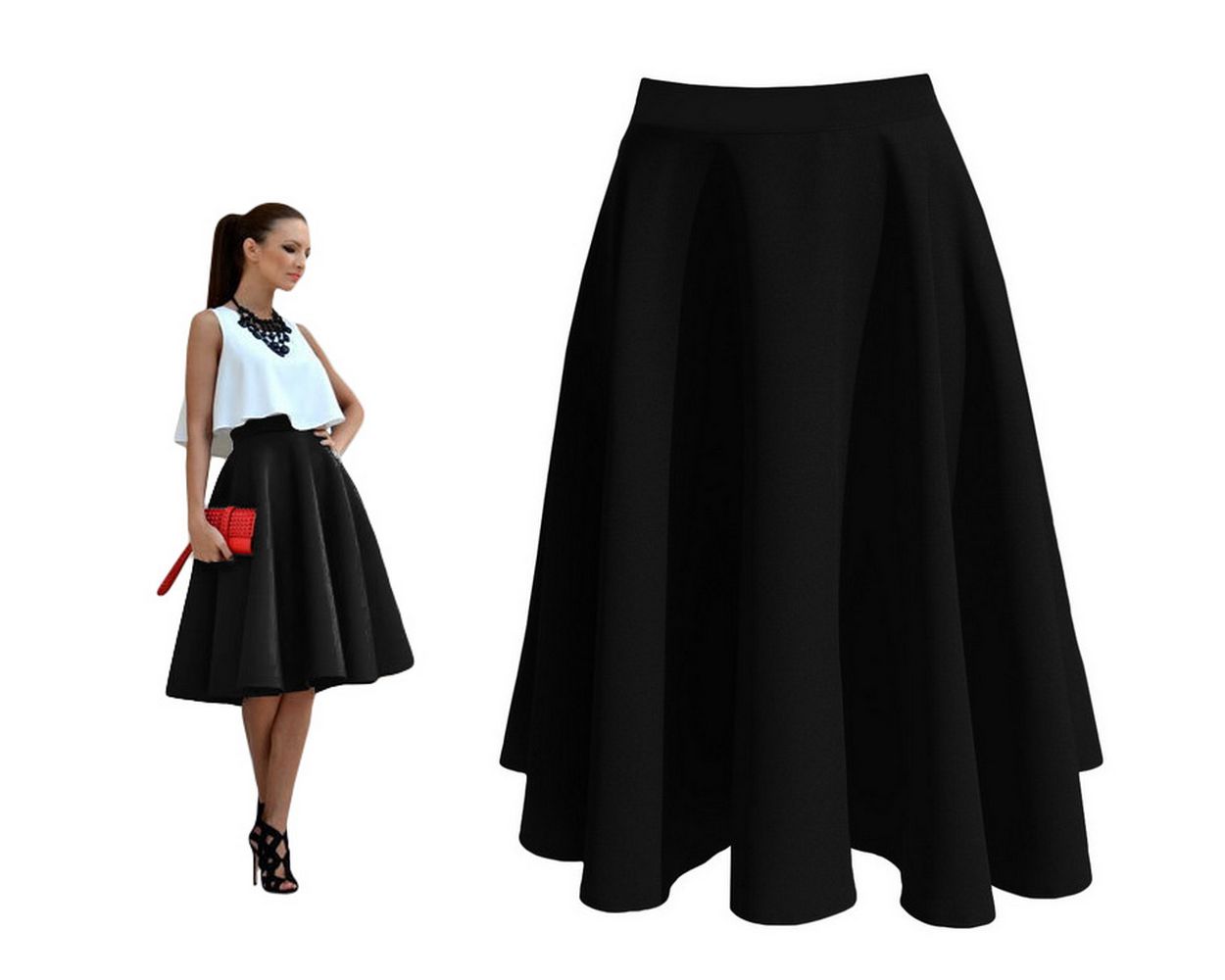 SPÓDNICA CZARNA Z KOŁA MIDI ROZKLOSZOWANA 48