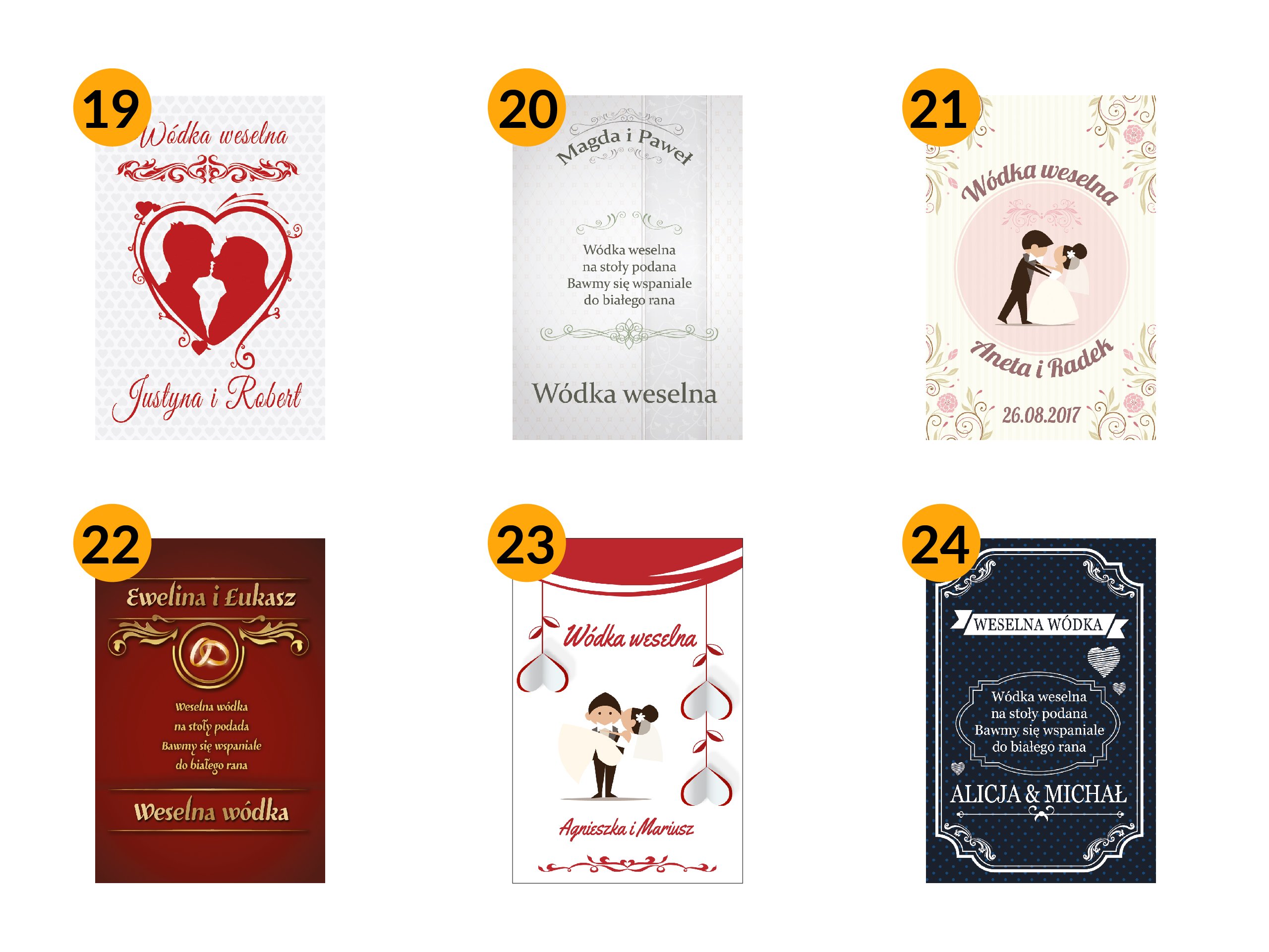 ŚLUBNE Naklejki na wódkę weselne ŚLUB 57 wzory Liczba sztuk 6 szt.