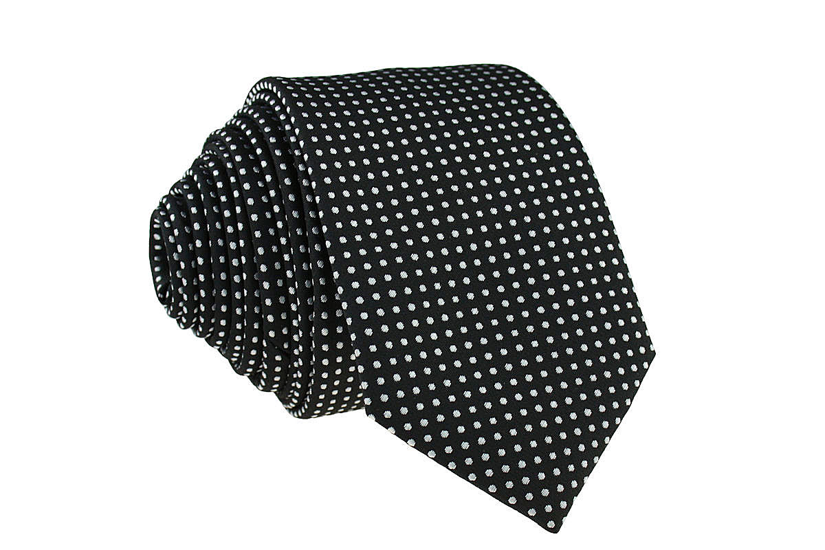 

Krawat Wąski Śledź 6 cm - Czarny W Białe Kropki