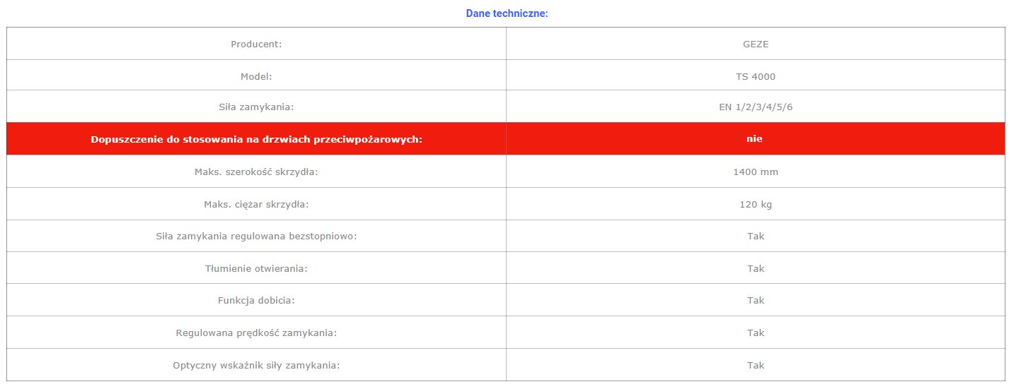 GEZE TS 4000 Samozamykacz z blokadą drzwi, biały Typ drzwi jednoskrzydłowe