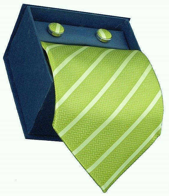 Zielony krawat ze spinkami mankietowymi w pudełku