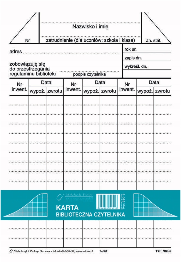 

Karta Biblioteczna Czytelnika Druk A6 980-5 Łódź