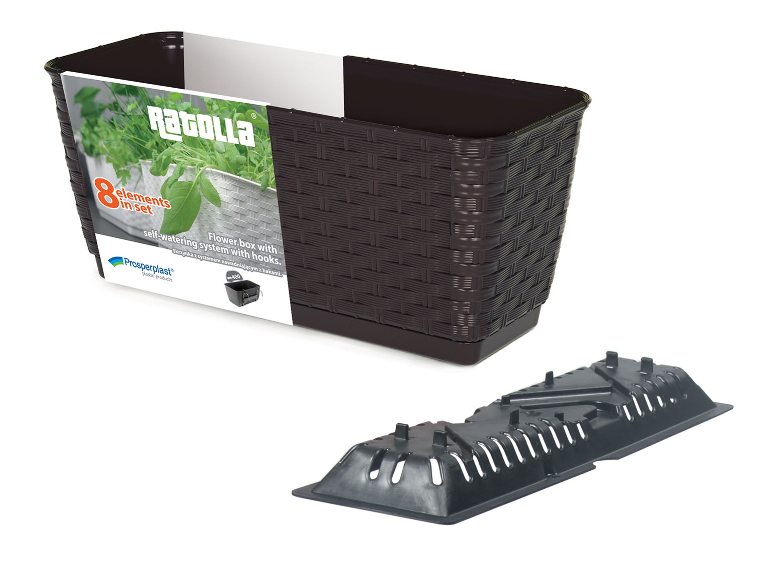 DONICZKA DONICA SKRZYNKA BALKONOWA Z HAKAMI RATO DRL500PW BRĄZ UMBRA Maks. szerokość 17.2 cm