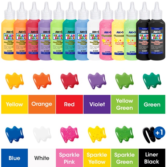 Farby witrażowe AMOS Glass Deco 12kol.x22ml+Kontur Marka Amos