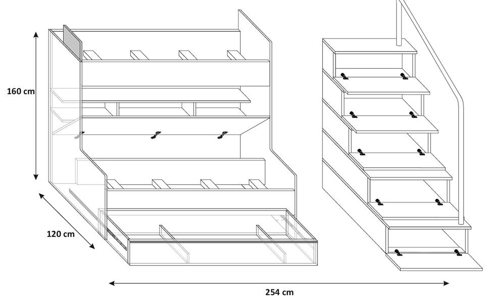 łóżko piętrowe RAJ 2 - wersja z długą barierką - biało / szary połysk Typ łóżko piętrowe
