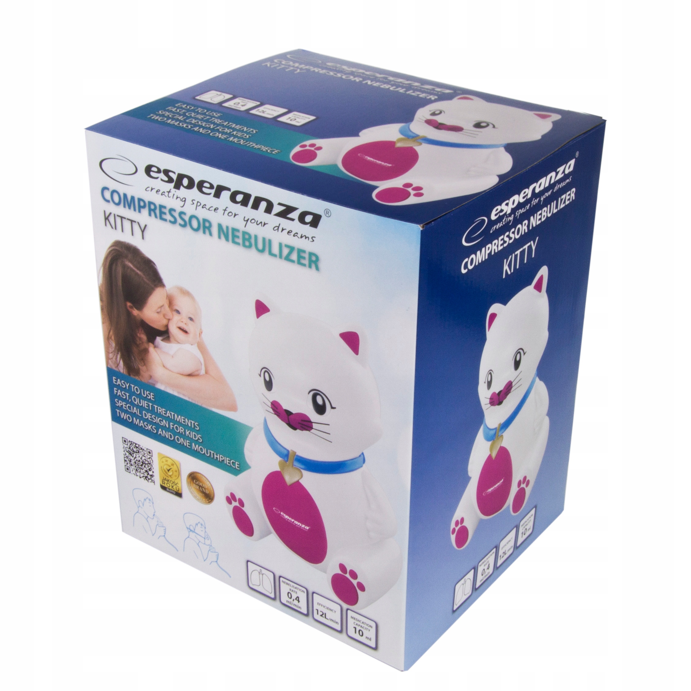 INHALATOR DLA DZIECKA KOTEK 2x MASKA + NEBULIZATOR Skład zestawu filtr powietrza maska dla dorosłych maska dla dzieci nebulizator (rozpylacz) przewód powietrza ustnik
