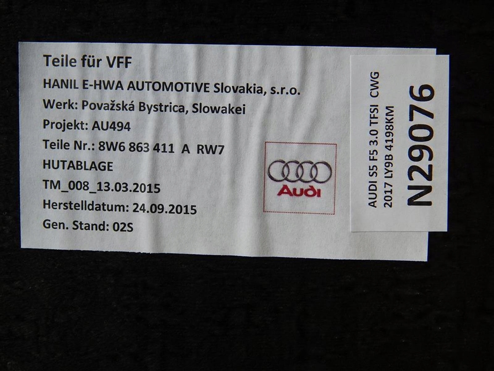 AUDI S5 F5 PÓŁKA BAGAŻNIKA TYŁ 8W6863411A Numer katalogowy części 8W6863411A