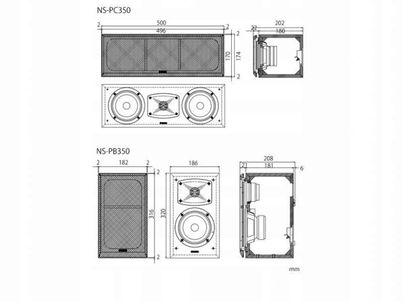 YAMAHA NS-P350 ZESTAW SURROUND + ЦЕНТРАЛЬНЫЙ ЧЕРНЫЙ JM Konstrukcja dwudrożne