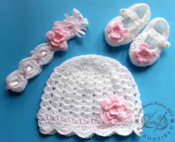 Czapeczka+opaska+buciki na chrzest RĘKODZIEŁO 50cm Rozmiar 50