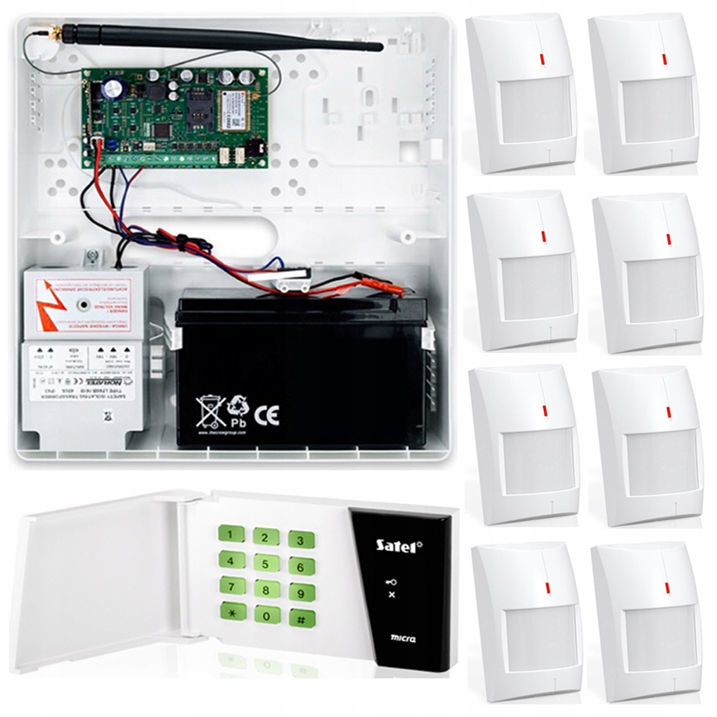 Zestaw alarm centrala Micra Satel Gsm Sms 8 czujek