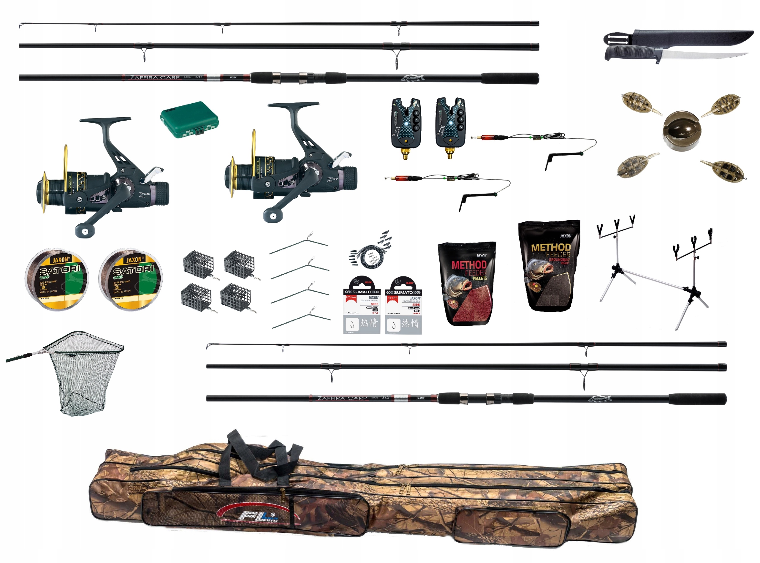 Zestaw Wędkarski Karpiowy Jaxon 2 x Wędka 2x Kołowrotek Podbierak