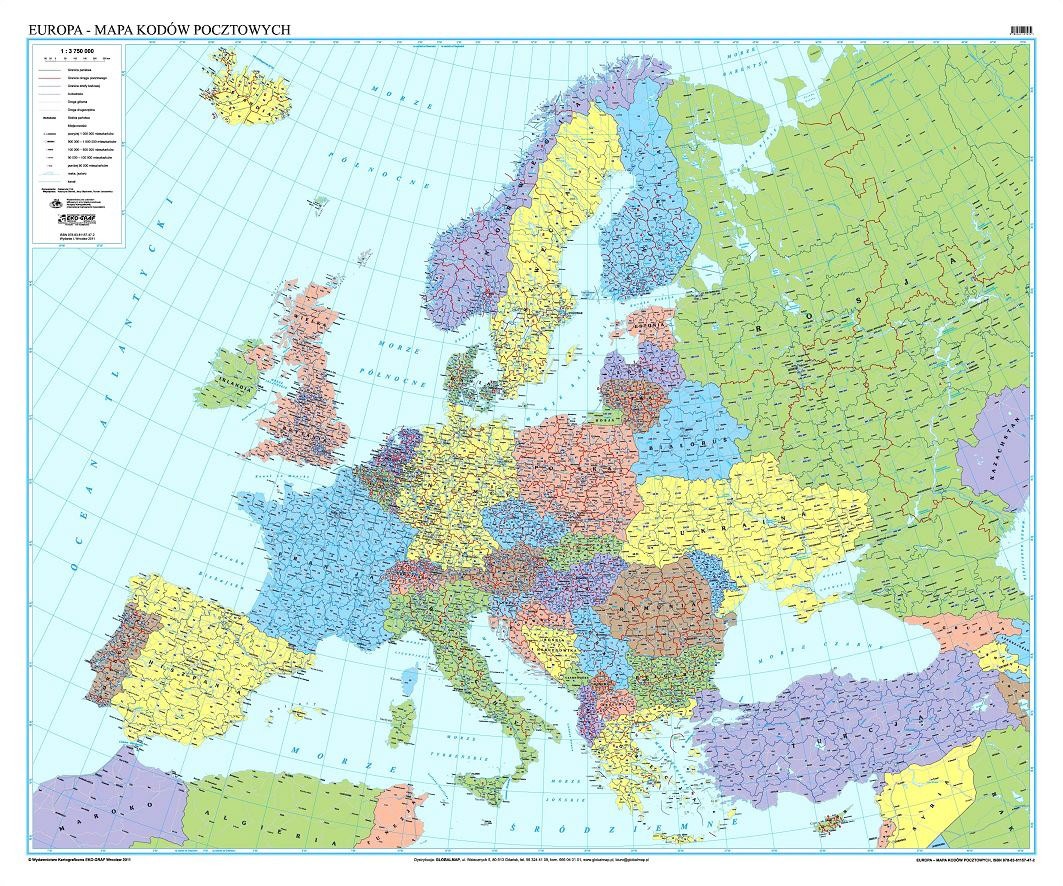 Europa mapa kody pocztowe ścienna Allegro.pl Cena 135
