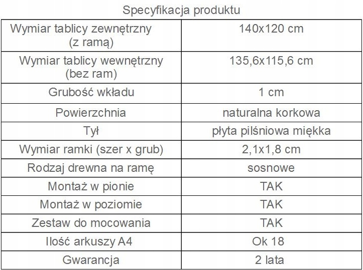 Tablica korkowa 140x120 cm.120x140, super jakość ! Waga produktu z opakowaniem jednostkowym 8 kg