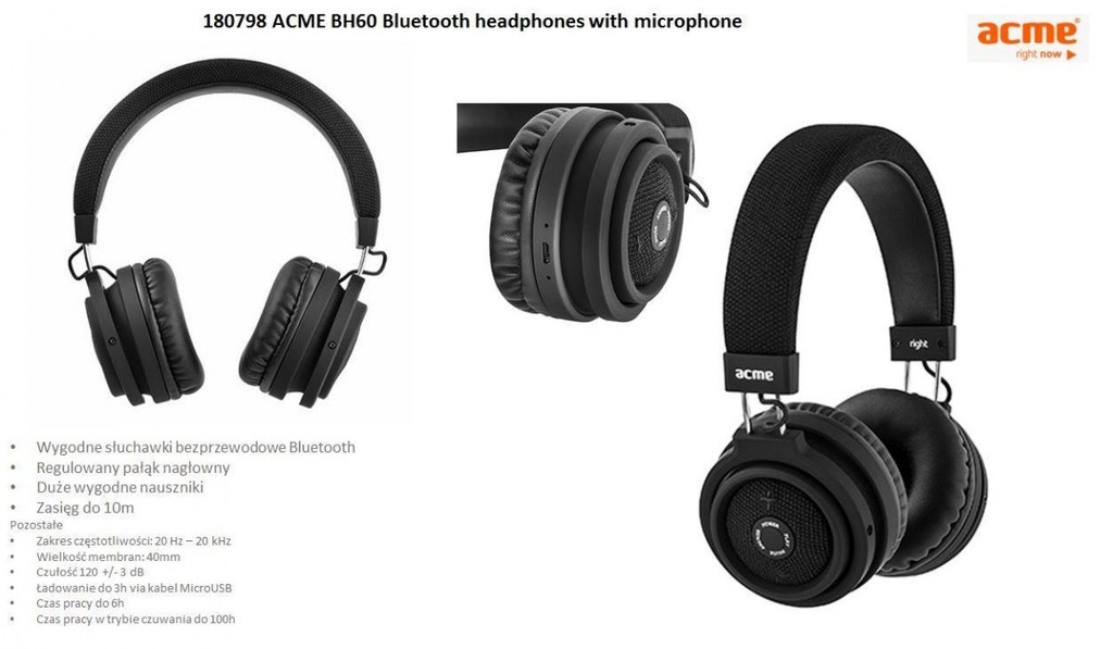 Słuchawki z mikrofonem ACME BH60 bezprzewodowe blu