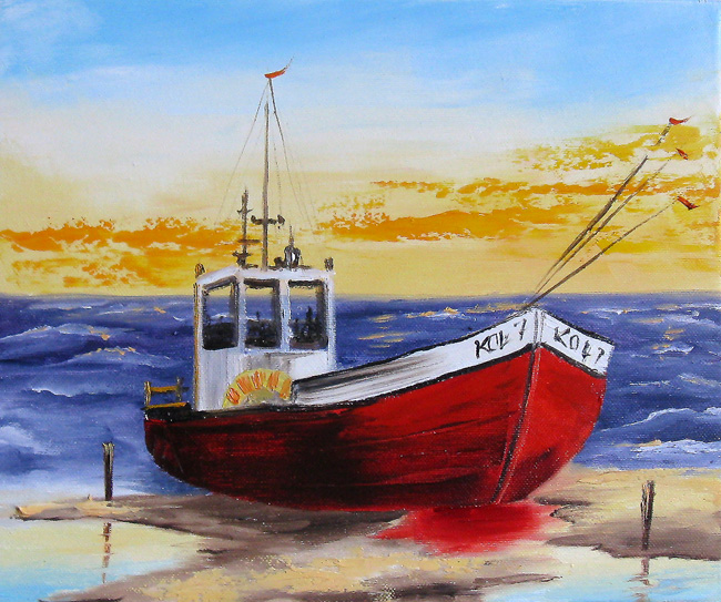 U.Lemańska KUTER RYBACKI obraz olejny 18x24