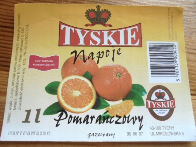 Etykieta na lemoniadę, oranżadę - Browar Tychy