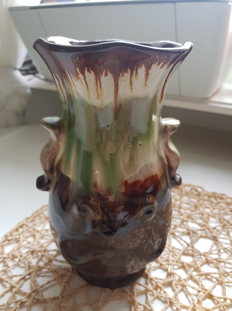 Ceramiczny wazon zielono-brązowy, wys.20 cm