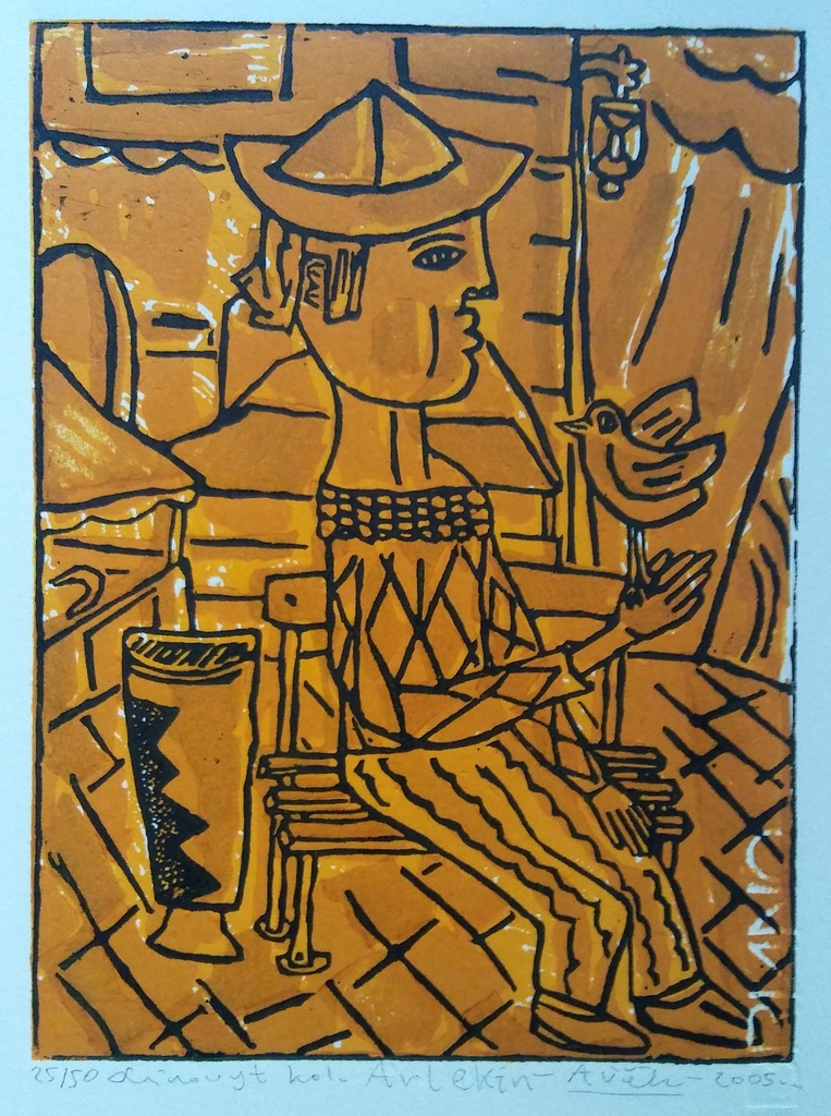 Arlekin i ptak. 15 x 20,3 cm. 2005 r. (linoryt)
