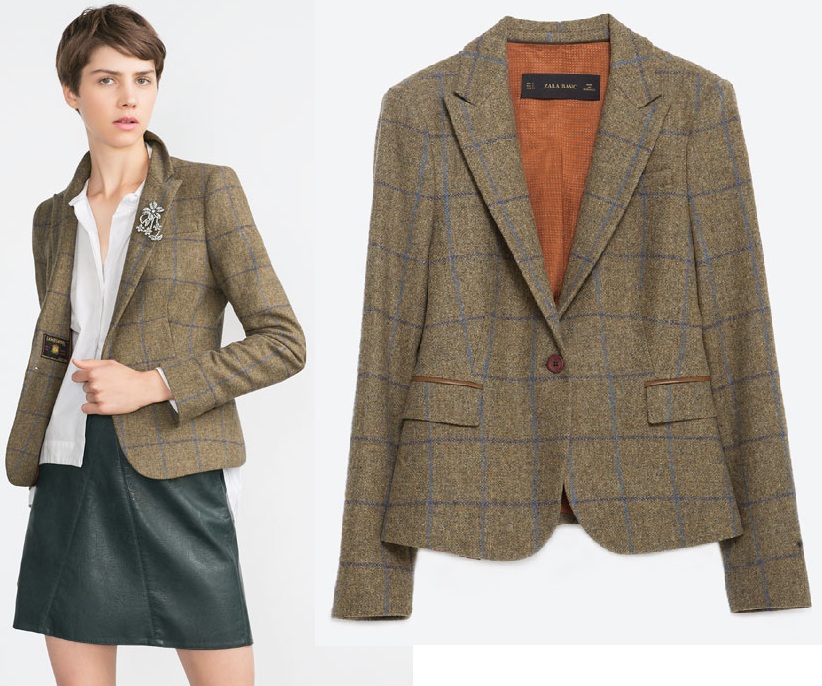 ZARA żakiet wełna kratka krata khaki łaty 40 L