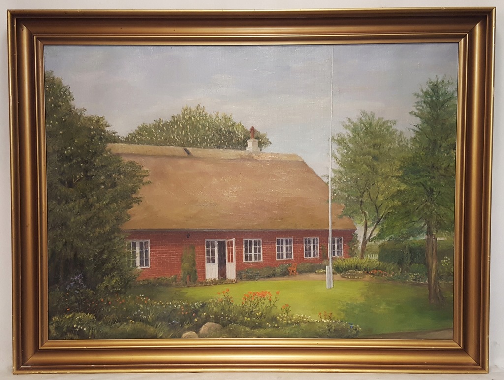 DOM Z CZERWONEJ CEGŁY , stary, sygnowany obraz