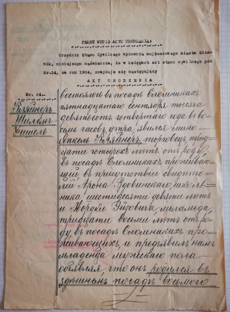 Pełny wypis aktu urodzenia SŁOMNIKI 1938