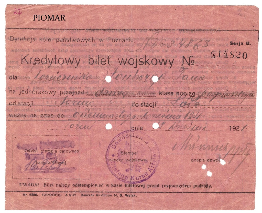 KREDYTOWY BILET WOJSKOWY - TORUŃ 1921 ROK !!!