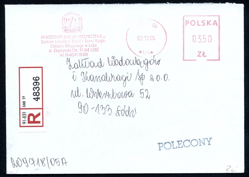 List POLECONY Łódź 59 2005 Frankatura PZU