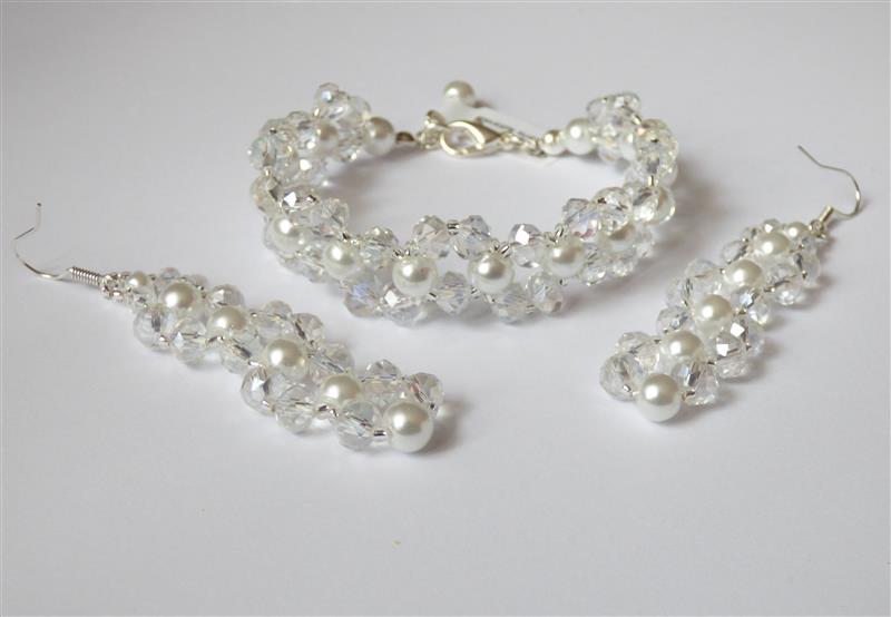 Komplet biżuterii białe perły kryształ ab