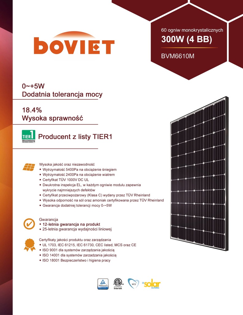 Panele fotowoltaiczne monkrystaliczne Boviet 295Wp