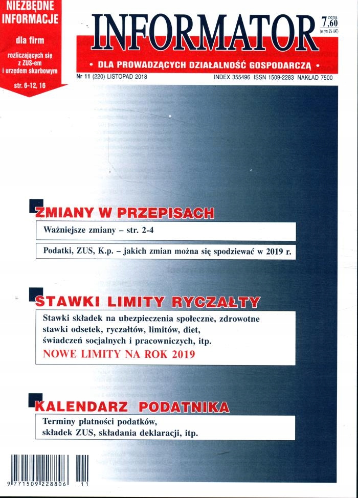 INFORMATOR nr 11/18 dla prowadzących działalnośc g