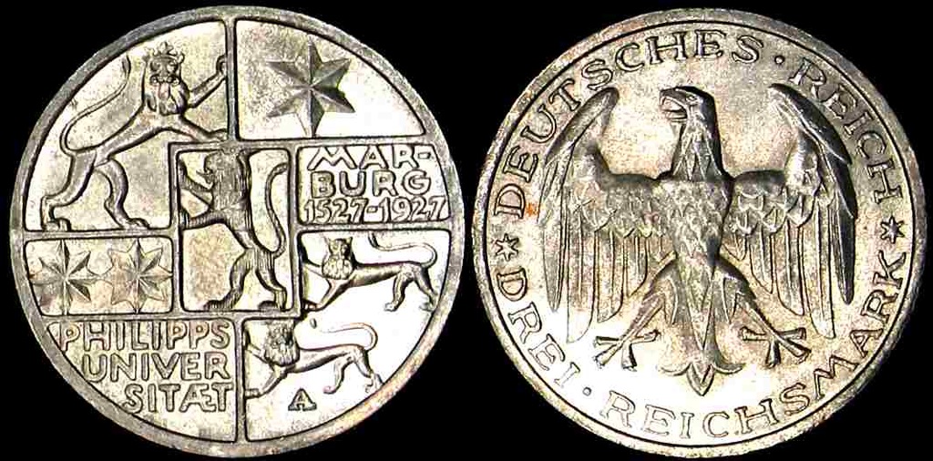 Niemcy, 3 Marki 1927 A, Uniwersytet w Marburgu
