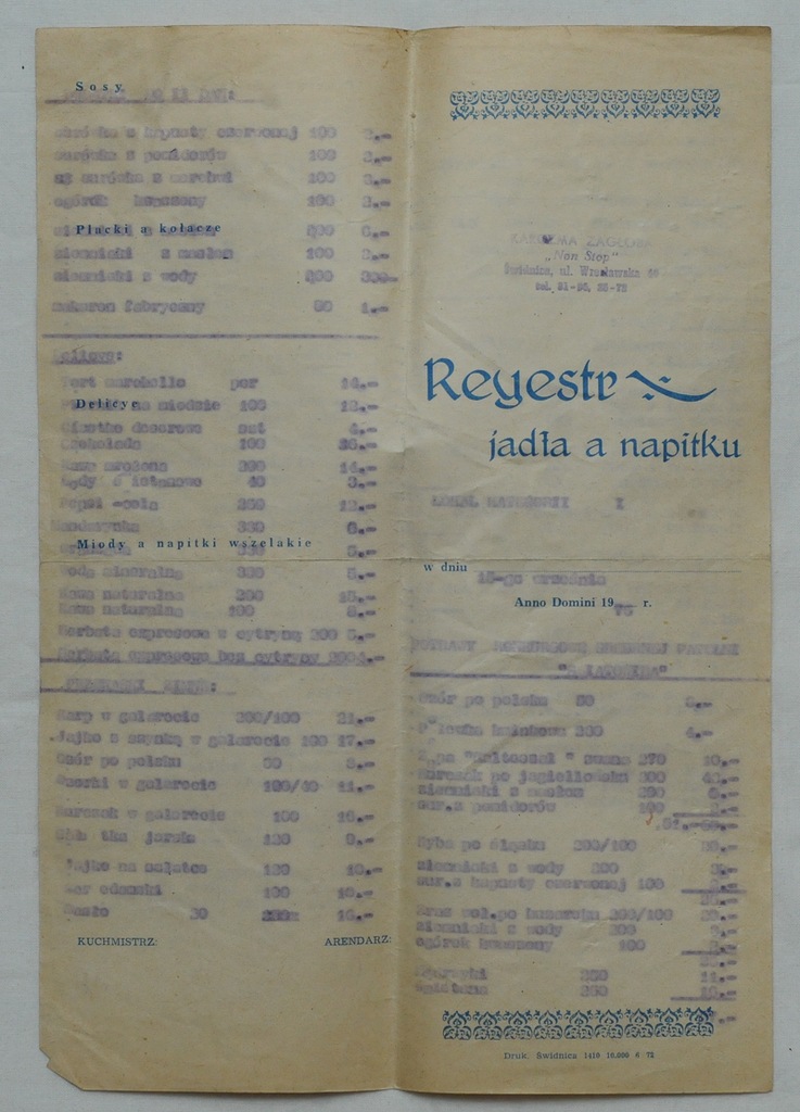 PRL Menu Jadłospis Karczma Zagłoba Świdnica