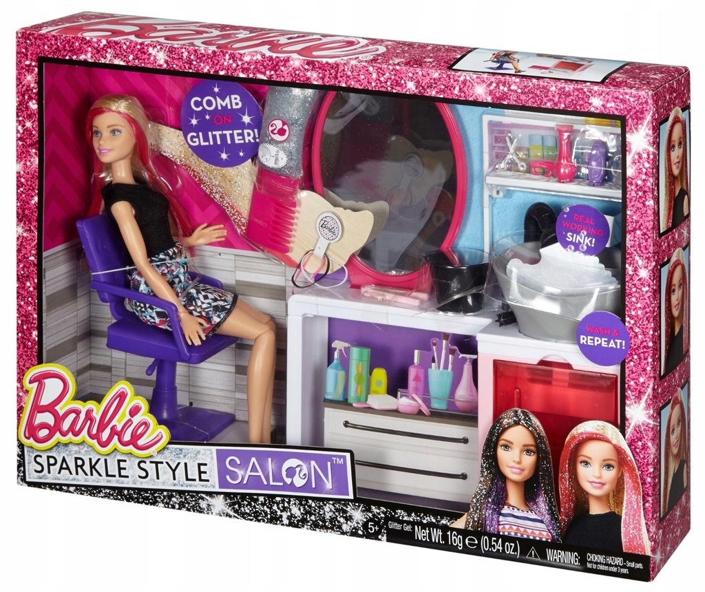 BARBIE Brokatowy Salonik Fryzjerski + Lalka DTK05