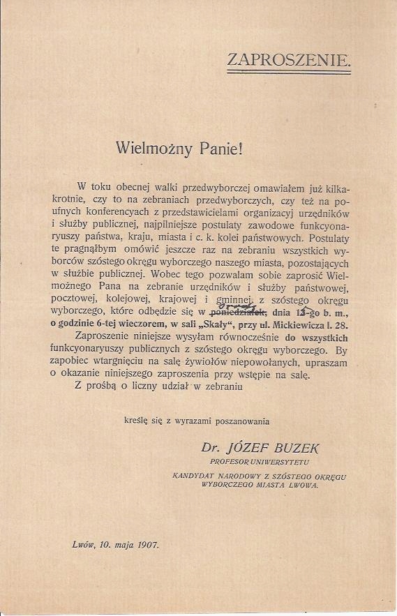 ZAPROSZENIE ZEBRANIE PRZEDWYBORCZE SEJM LWÓW 1907