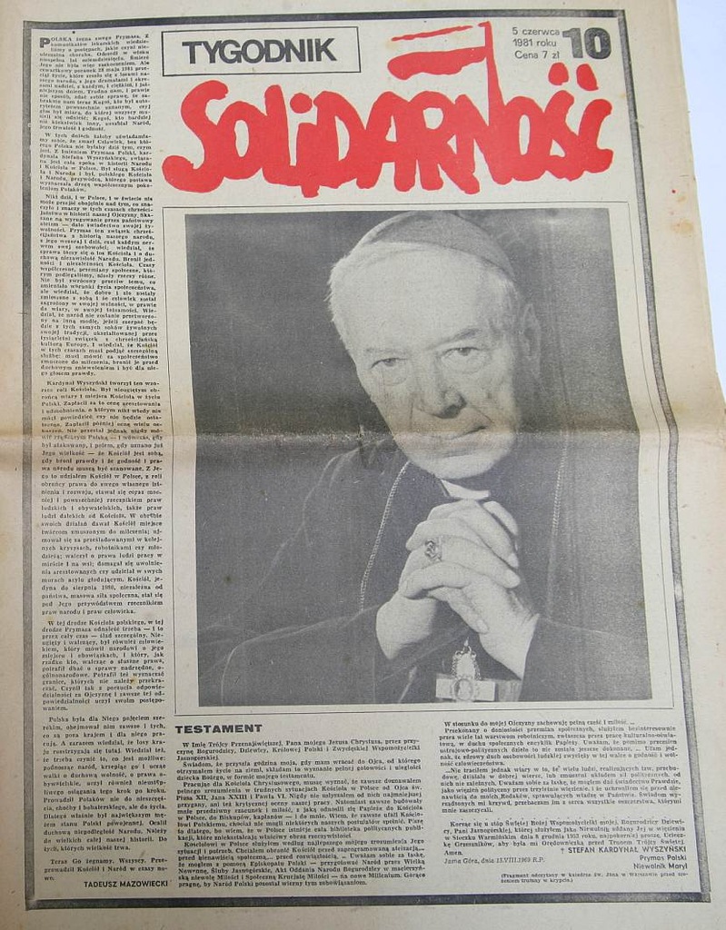 Tygodnik Solidarność 1981 Testament Wyszyńskiego
