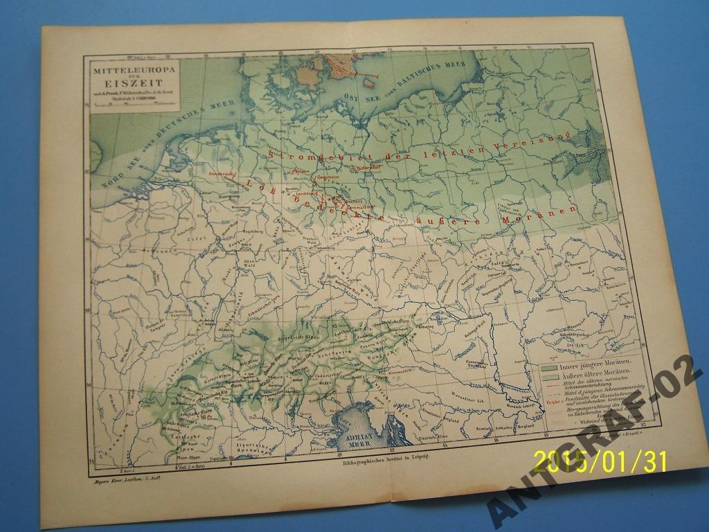 EUROPA ŚRODKOWA EPOKA LODOWCOWA mapa 1897 r.