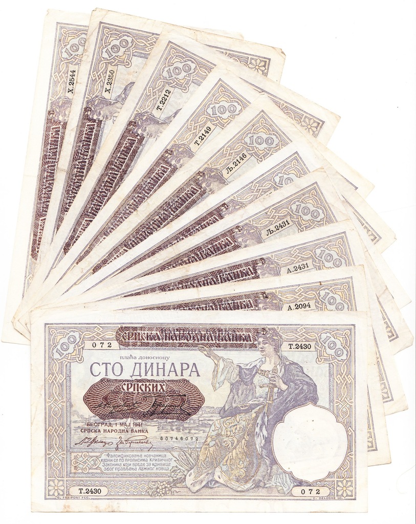 Jugosławia, 10x 100 Dinara 1941, F-/VF+
