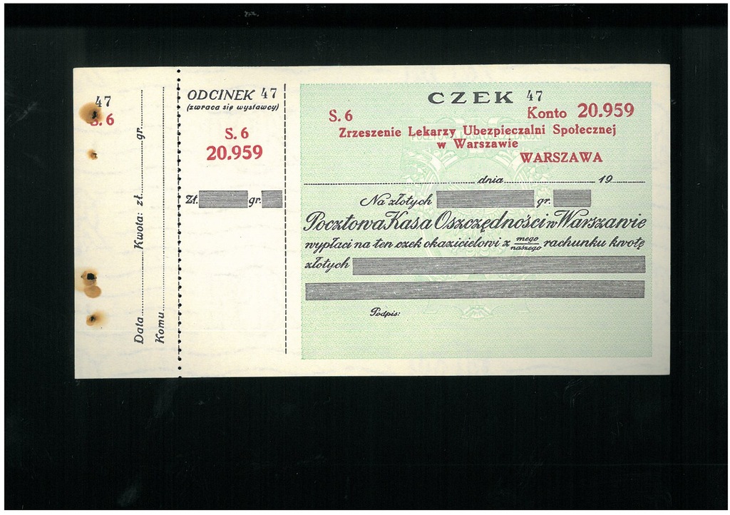 Czek PKO w Warszawie - przedwojenny