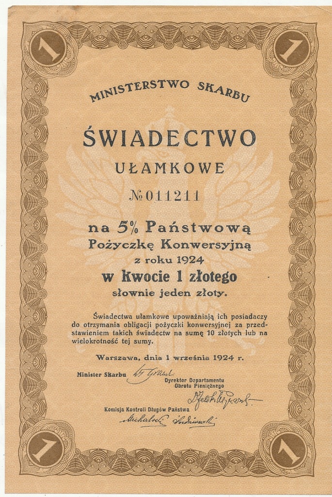 Świadectwo ułamkowe 1 zł Warszawa 1 września 1924