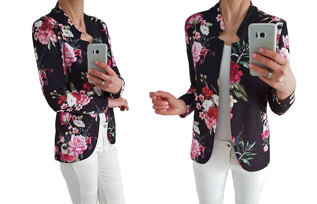 ELEGANCKI ŻAKIET MARYNARKA W KWIATY FLOWER BIAŁY