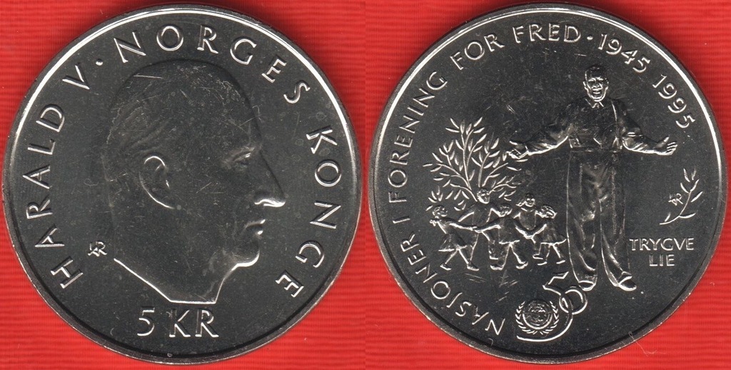 NORWEGIA 5 koron 1995r 50 lat ONZ