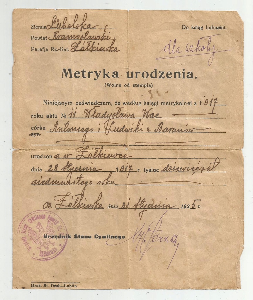 Metryka urodzenia ŻÓŁKIEWKA 1925