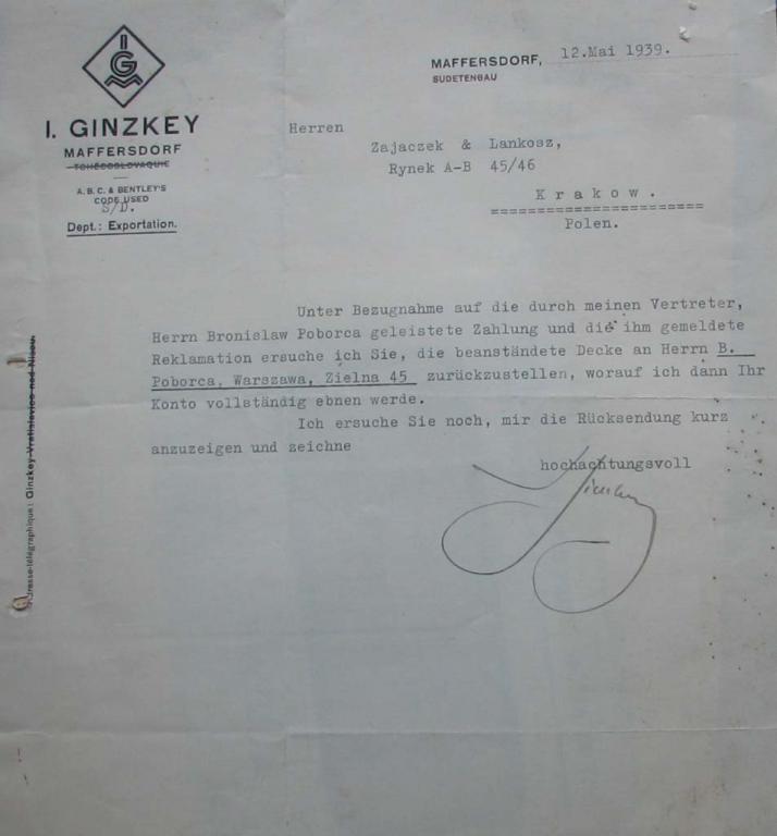 GINZKEY MAFFERSDORF SUDETENLAND 1939 Pismo