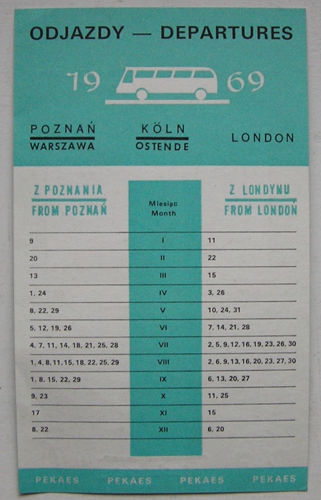 PEKAES POZNAŃ-KOLONIA-OSTENDA-LONDYN ROZKŁAD 1969